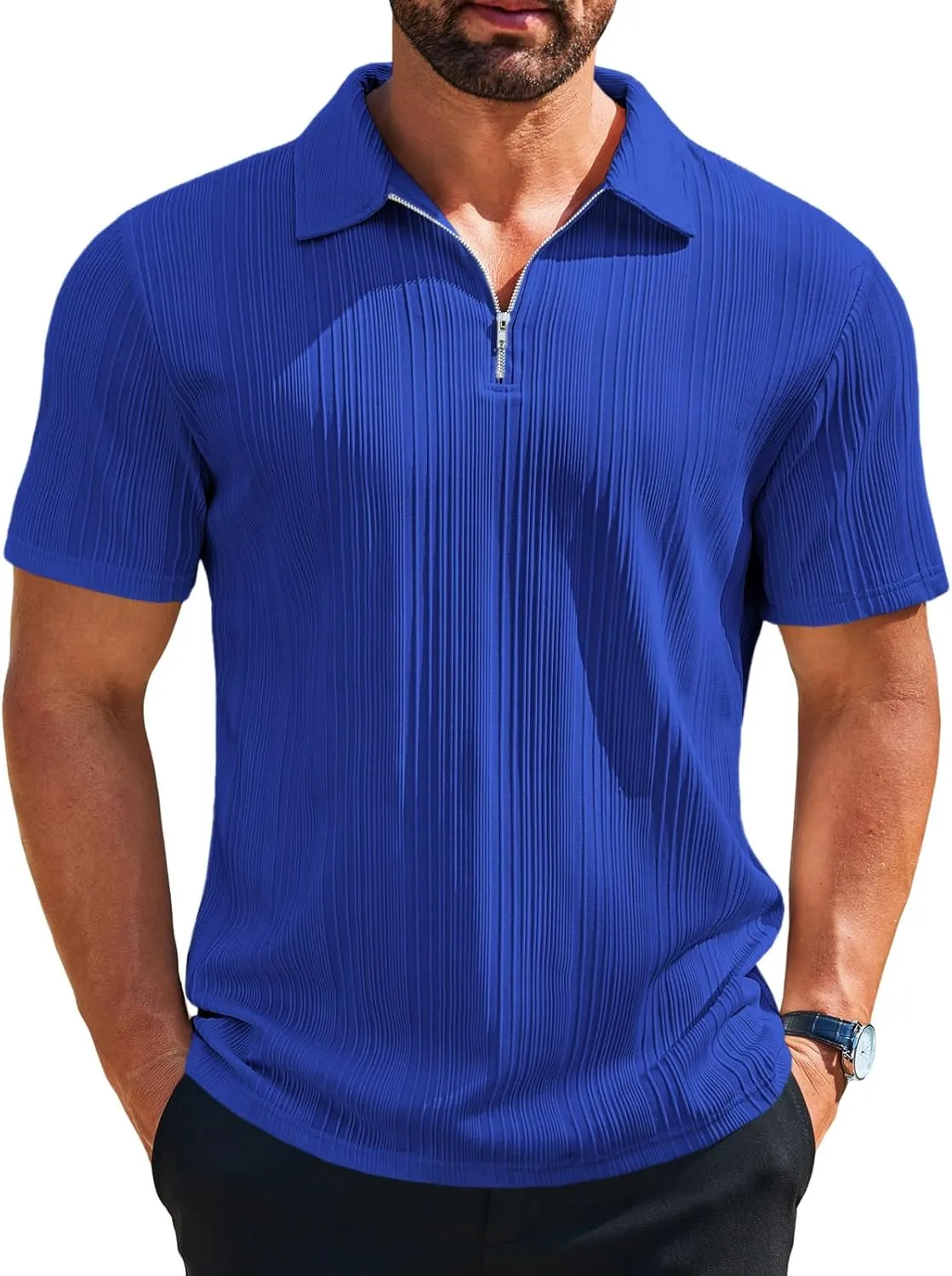 Runcati Mens Quarter Zip Polo Shirts Knit Textured Casual Short Sleeve Shirt Lightweight Golf Tops
