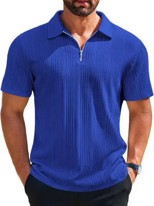 Runcati Mens Quarter Zip Polo Shirts Knit Textured Casual Short Sleeve Shirt Lightweight Golf Tops