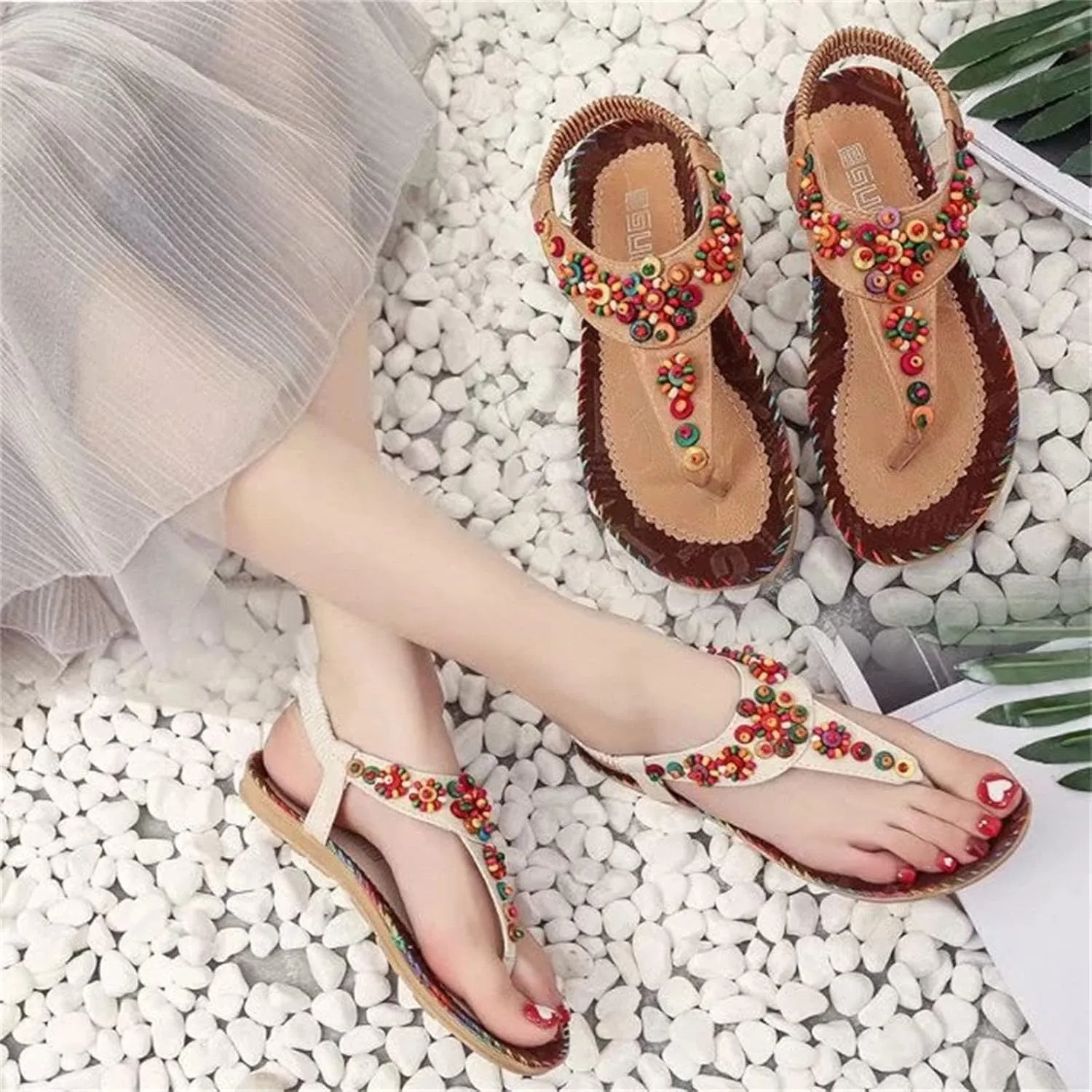 Sandals for Women Dressy Summer Beach Sandals Comfortable Bohemian Flats Sandal Elastic Ankle Strap Shoes