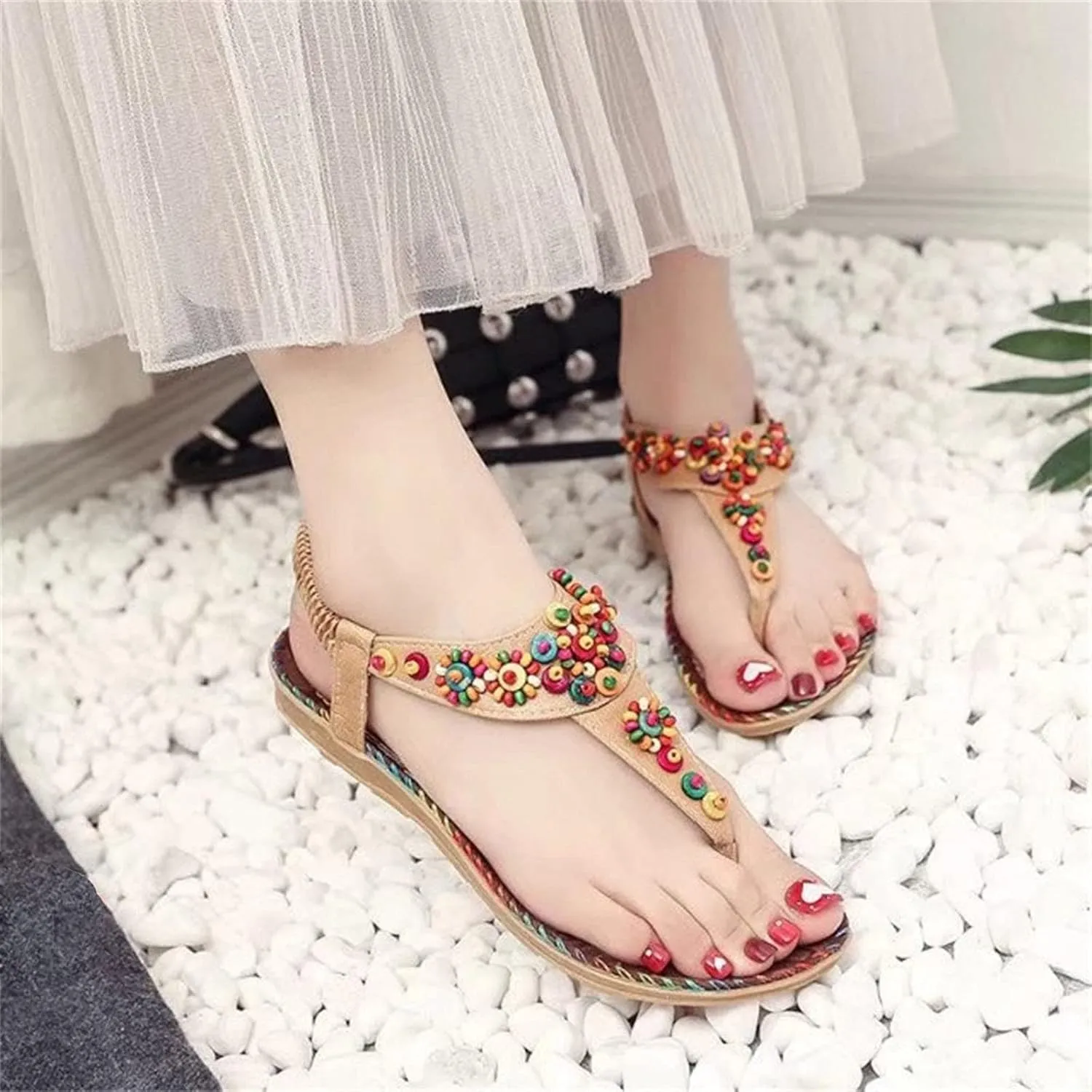 Sandals for Women Dressy Summer Beach Sandals Comfortable Bohemian Flats Sandal Elastic Ankle Strap Shoes
