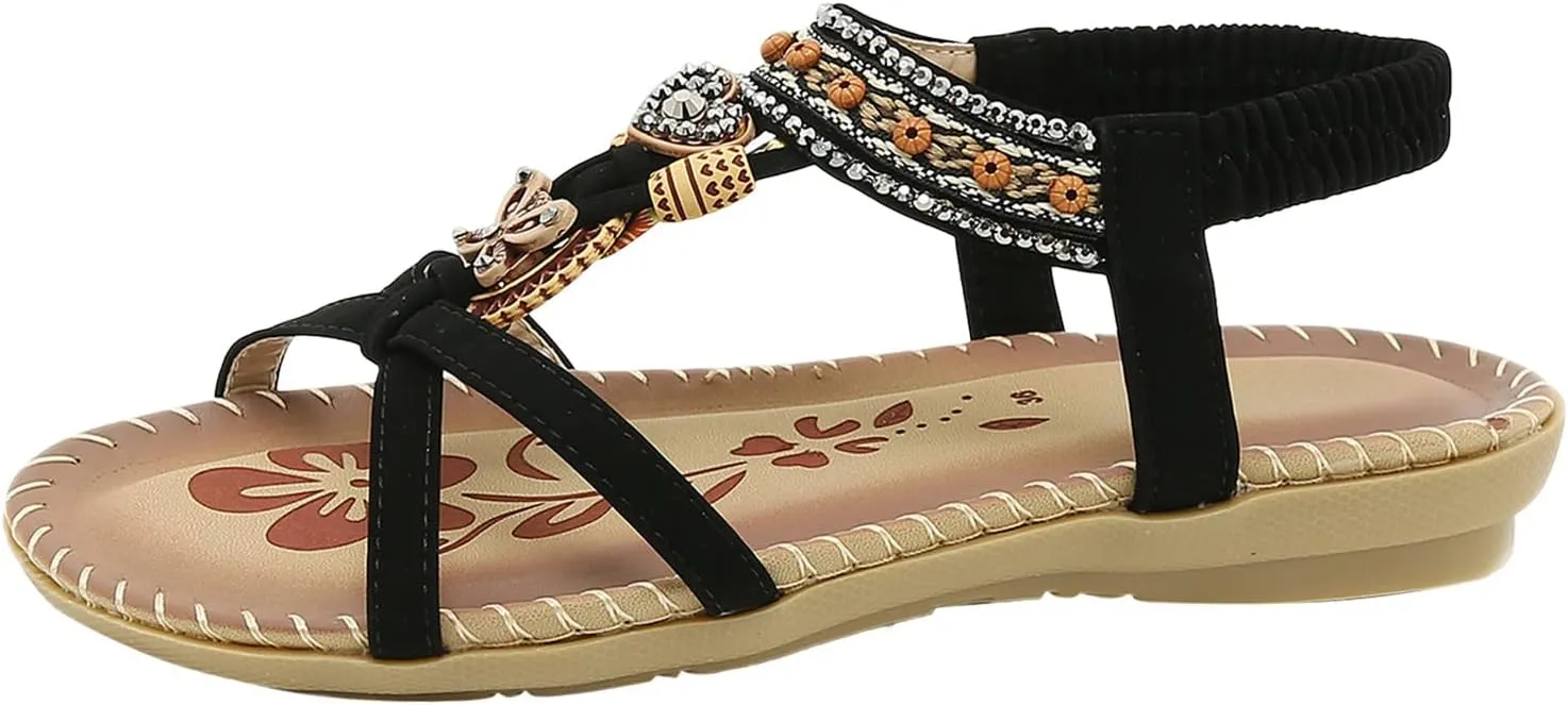 Sandals for Women Dressy Summer Beach Sandals Comfortable Bohemian Flats Sandal Elastic Ankle Strap Shoes