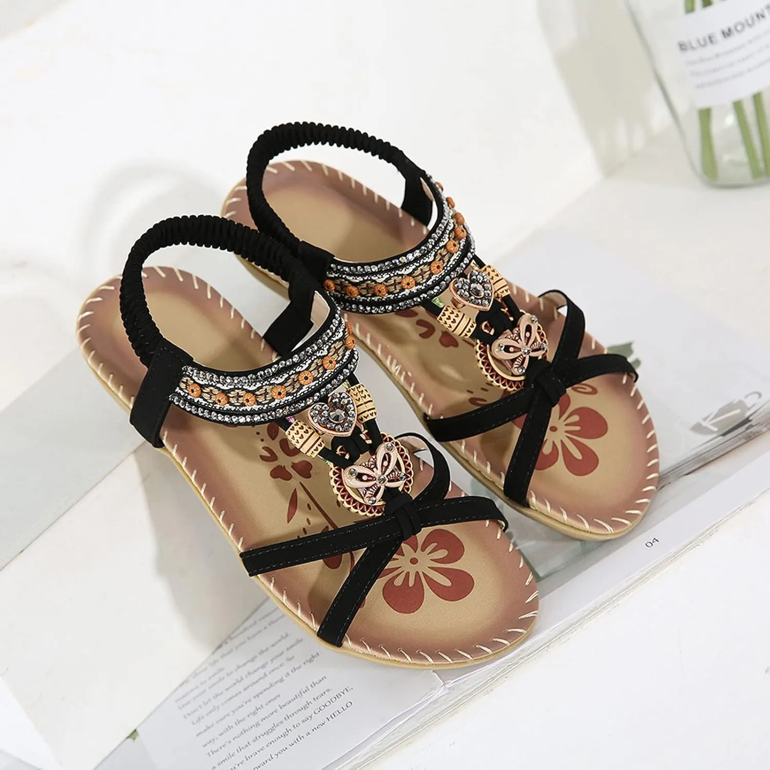 Sandals for Women Dressy Summer Beach Sandals Comfortable Bohemian Flats Sandal Elastic Ankle Strap Shoes