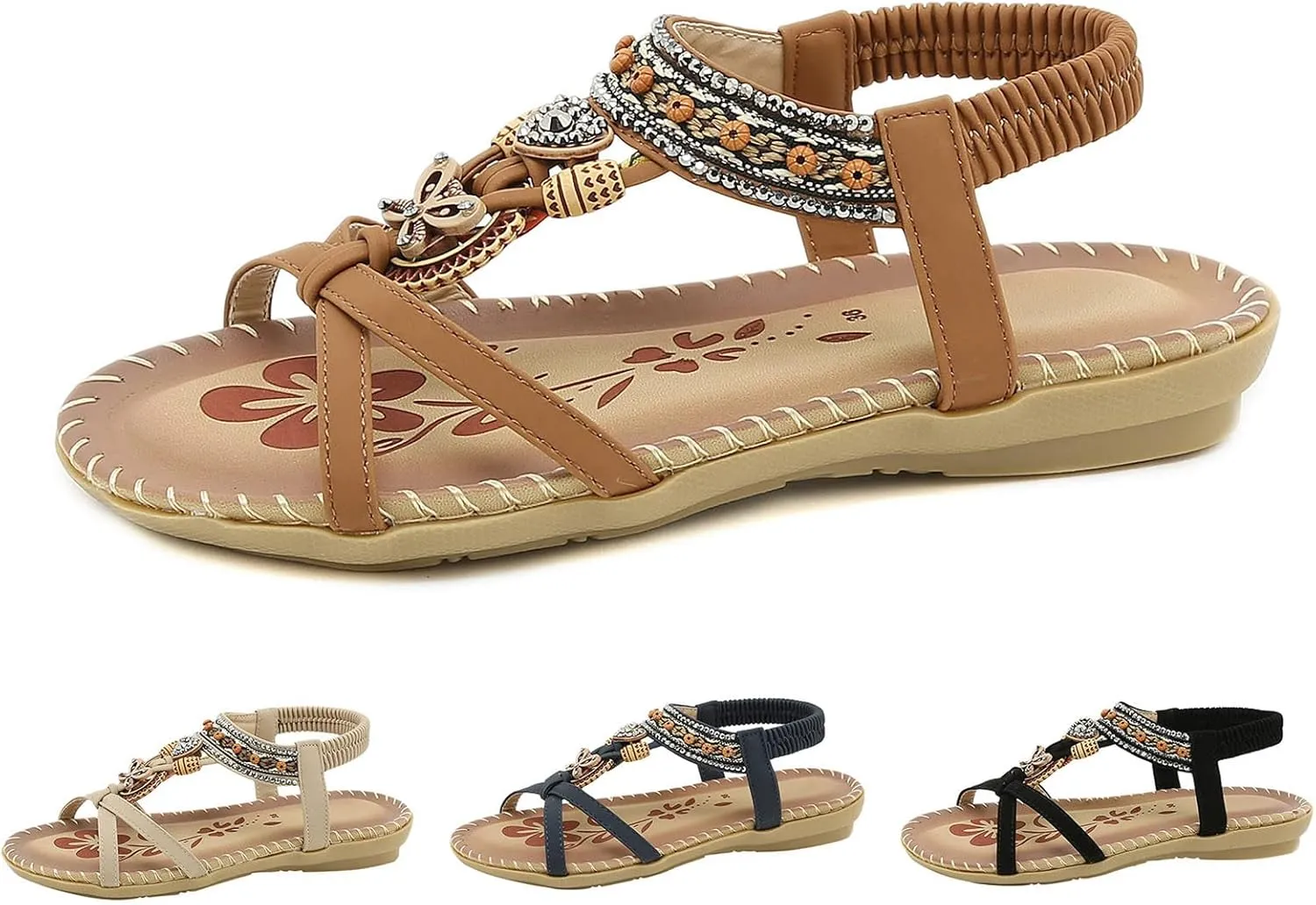 Sandals for Women Dressy Summer Beach Sandals Comfortable Bohemian Flats Sandal Elastic Ankle Strap Shoes
