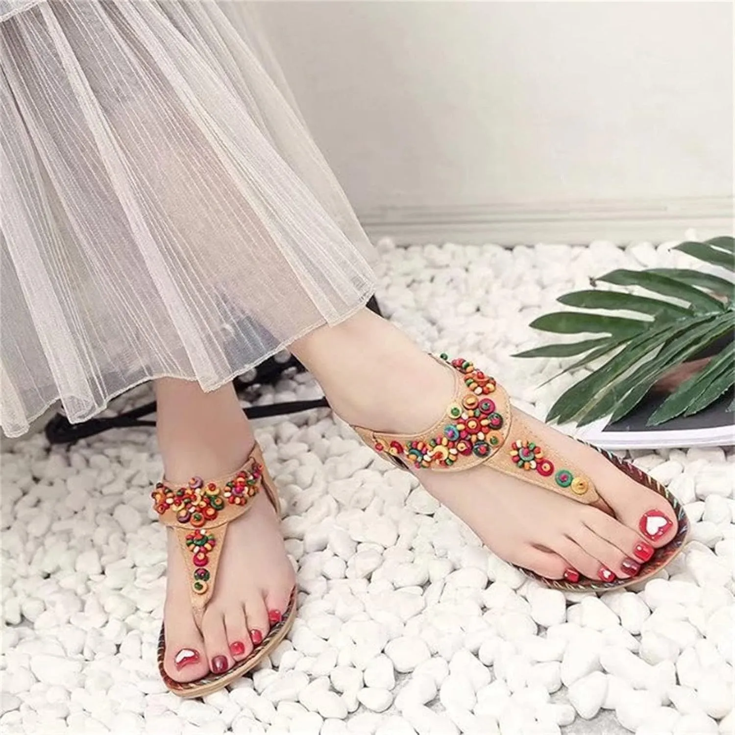 Sandals for Women Dressy Summer Beach Sandals Comfortable Bohemian Flats Sandal Elastic Ankle Strap Shoes