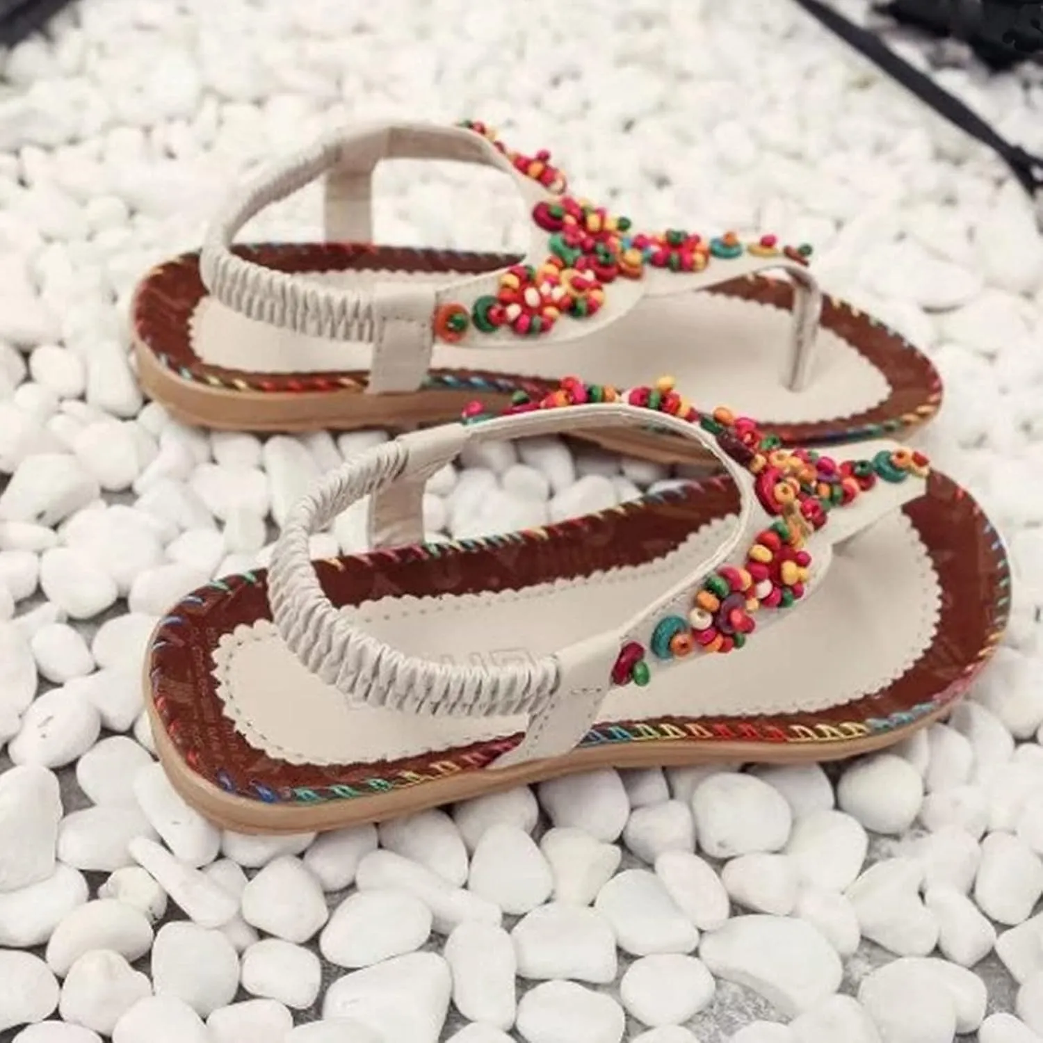 Sandals for Women Dressy Summer Beach Sandals Comfortable Bohemian Flats Sandal Elastic Ankle Strap Shoes