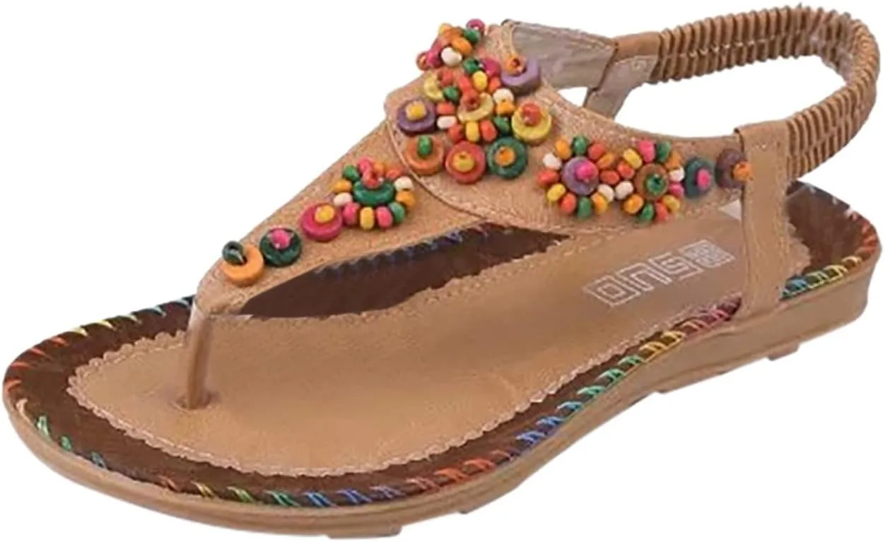 Sandals for Women Dressy Summer Beach Sandals Comfortable Bohemian Flats Sandal Elastic Ankle Strap Shoes