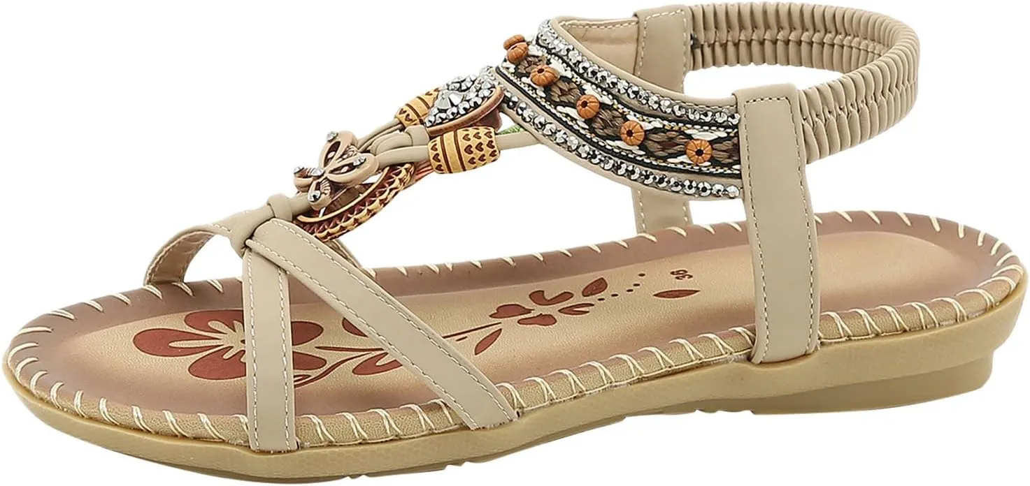 Sandals for Women Dressy Summer Beach Sandals Comfortable Bohemian Flats Sandal Elastic Ankle Strap Shoes