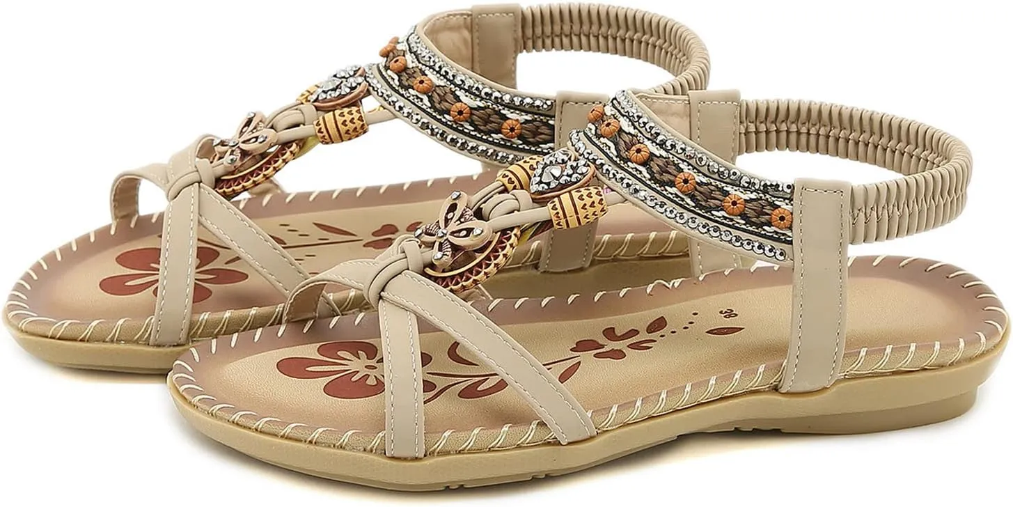 Sandals for Women Dressy Summer Beach Sandals Comfortable Bohemian Flats Sandal Elastic Ankle Strap Shoes