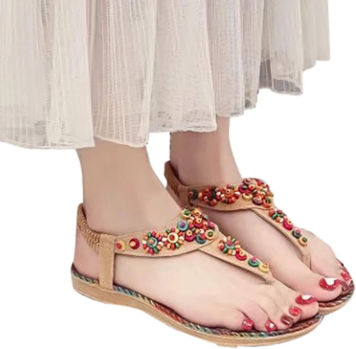 Sandals for Women Dressy Summer Beach Sandals Comfortable Bohemian Flats Sandal Elastic Ankle Strap Shoes