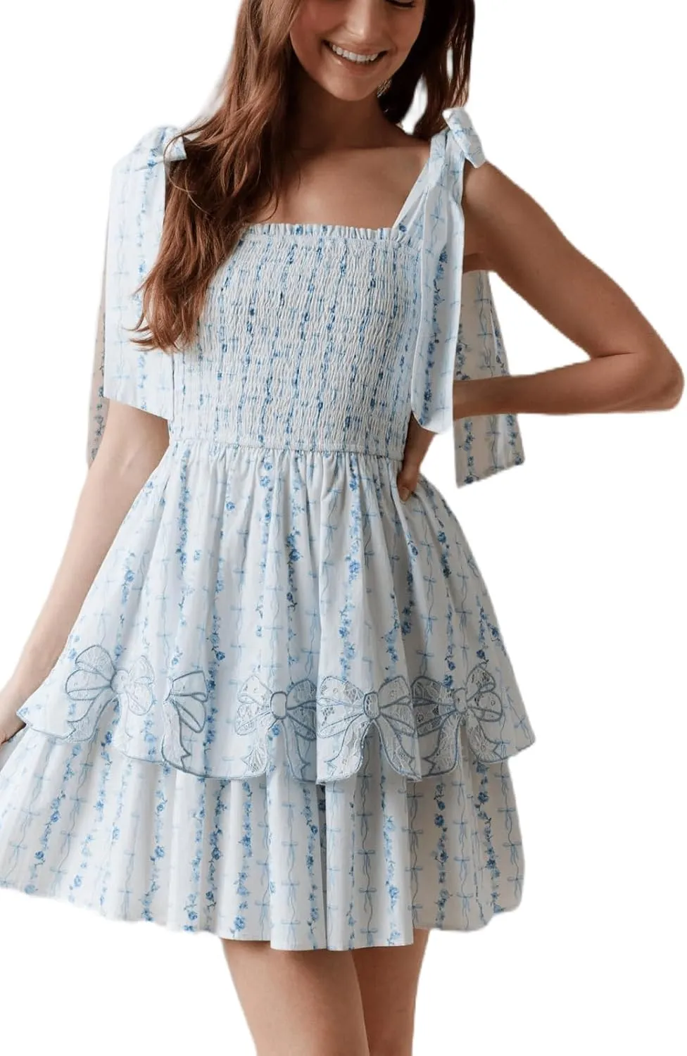 Sastianaen Womens Floral Print Mini Dress Summer Ruffle Smocked Tiered Tie Backless Preppy Smocked Short Dress Picnic Beach