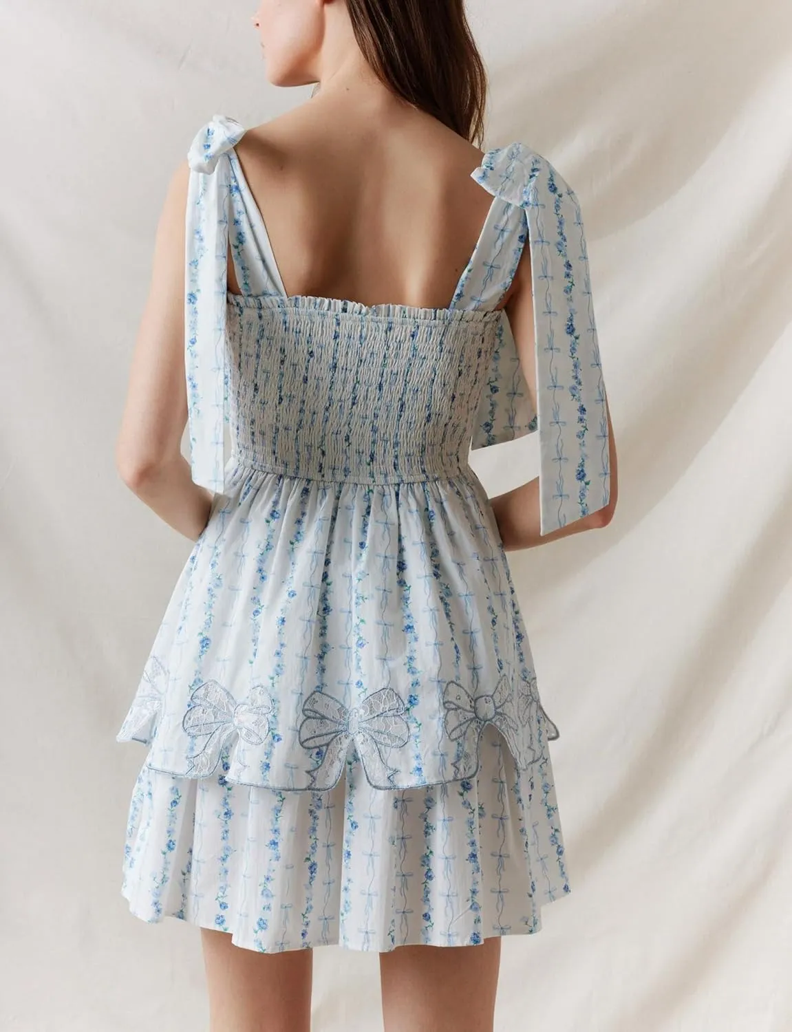 Sastianaen Womens Floral Print Mini Dress Summer Ruffle Smocked Tiered Tie Backless Preppy Smocked Short Dress Picnic Beach