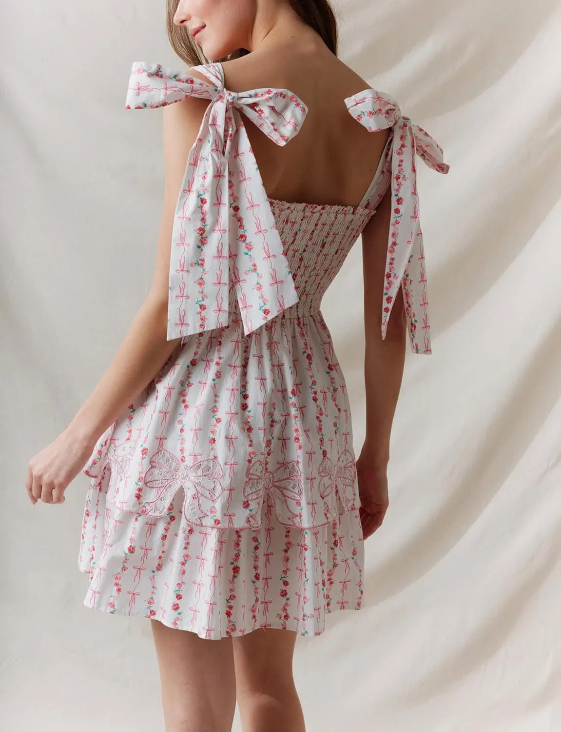 Sastianaen Womens Floral Print Mini Dress Summer Ruffle Smocked Tiered Tie Backless Preppy Smocked Short Dress Picnic Beach