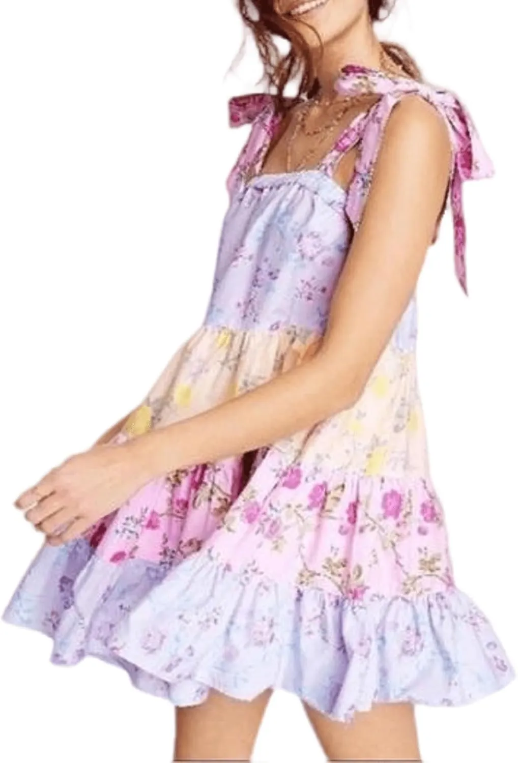 Sastianaen Womens Floral Print Mini Dress Summer Ruffle Smocked Tiered Tie Backless Preppy Smocked Short Dress Picnic Beach