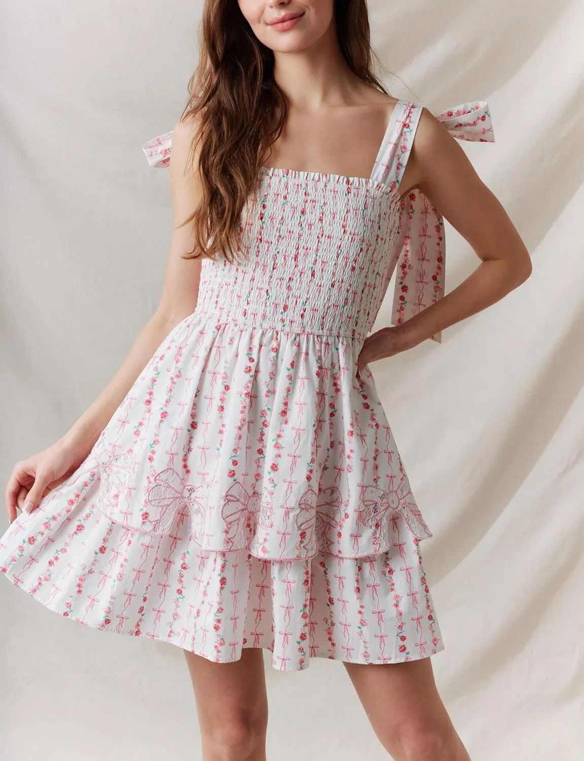 Sastianaen Womens Floral Print Mini Dress Summer Ruffle Smocked Tiered Tie Backless Preppy Smocked Short Dress Picnic Beach