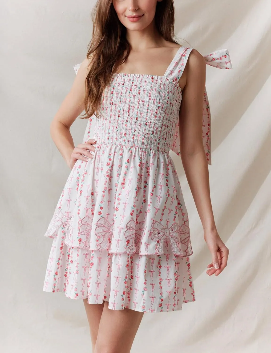 Sastianaen Womens Floral Print Mini Dress Summer Ruffle Smocked Tiered Tie Backless Preppy Smocked Short Dress Picnic Beach