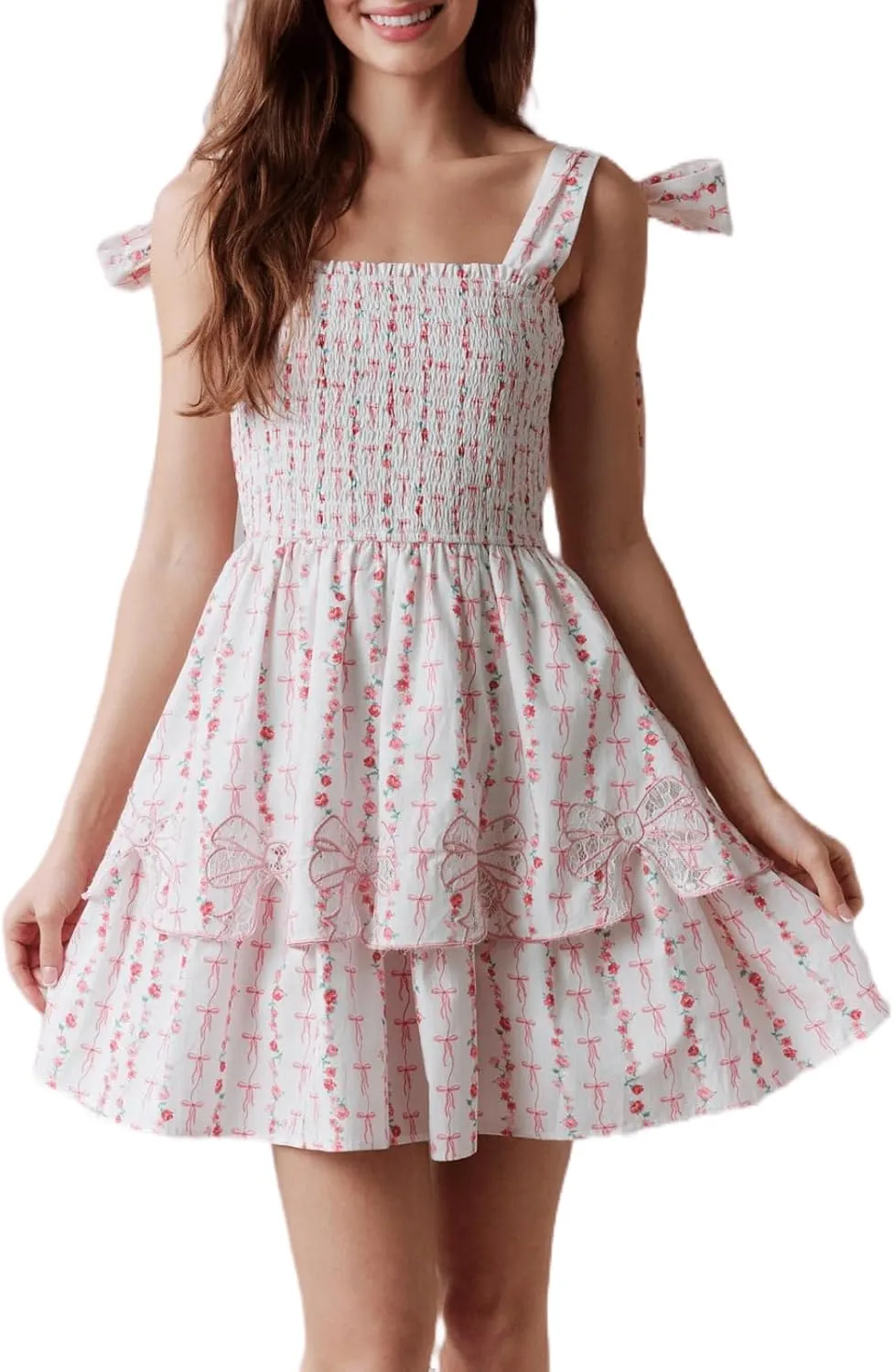 Sastianaen Womens Floral Print Mini Dress Summer Ruffle Smocked Tiered Tie Backless Preppy Smocked Short Dress Picnic Beach