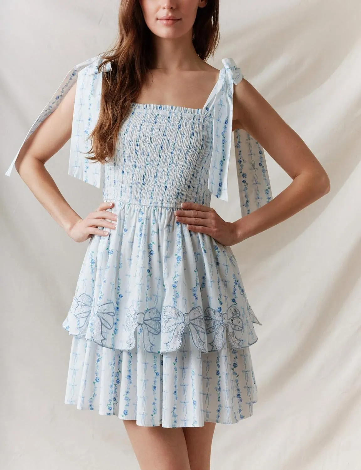 Sastianaen Womens Floral Print Mini Dress Summer Ruffle Smocked Tiered Tie Backless Preppy Smocked Short Dress Picnic Beach