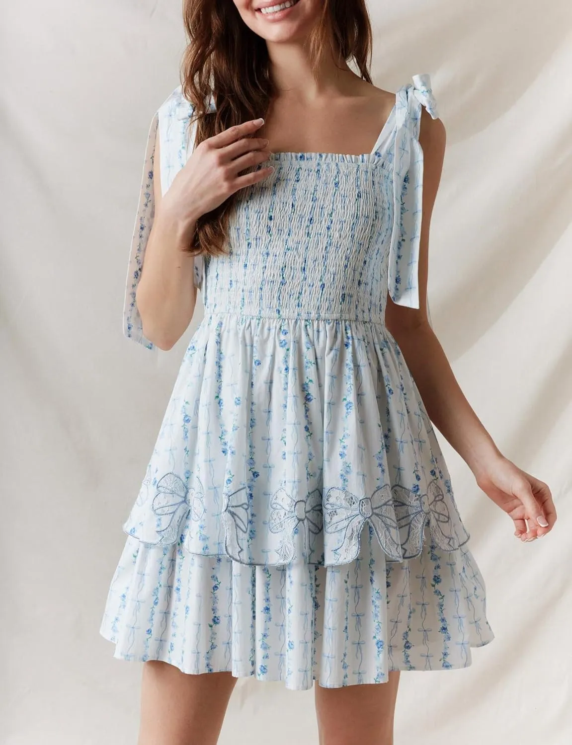 Sastianaen Womens Floral Print Mini Dress Summer Ruffle Smocked Tiered Tie Backless Preppy Smocked Short Dress Picnic Beach