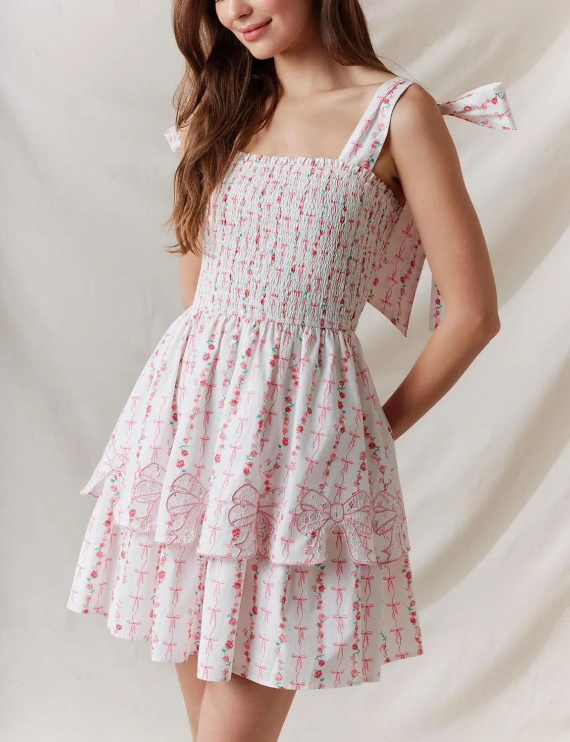 Sastianaen Womens Floral Print Mini Dress Summer Ruffle Smocked Tiered Tie Backless Preppy Smocked Short Dress Picnic Beach