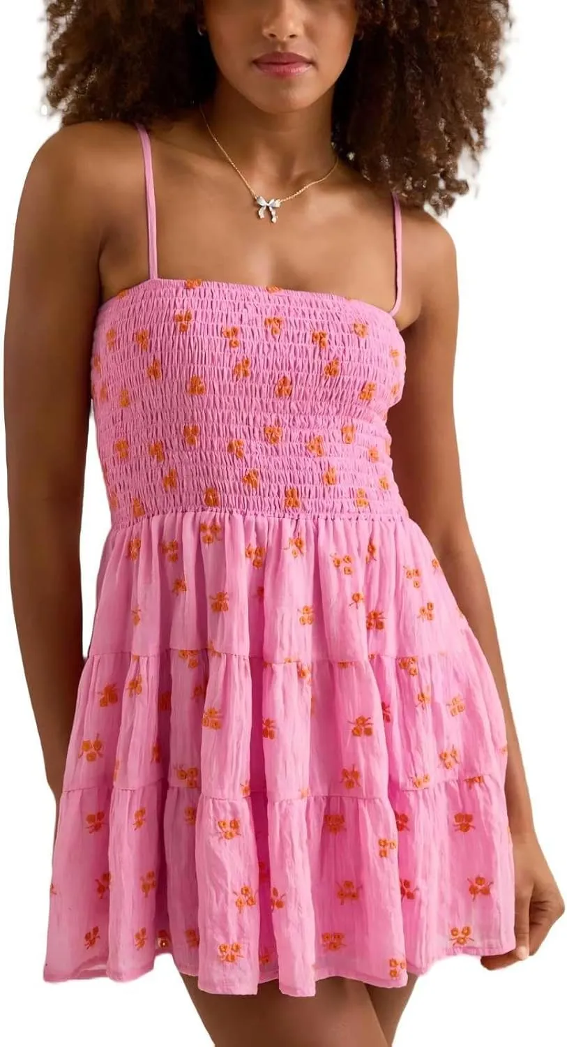 Sastianaen Womens Floral Print Mini Dress Summer Ruffle Smocked Tiered Tie Backless Preppy Smocked Short Dress Picnic Beach