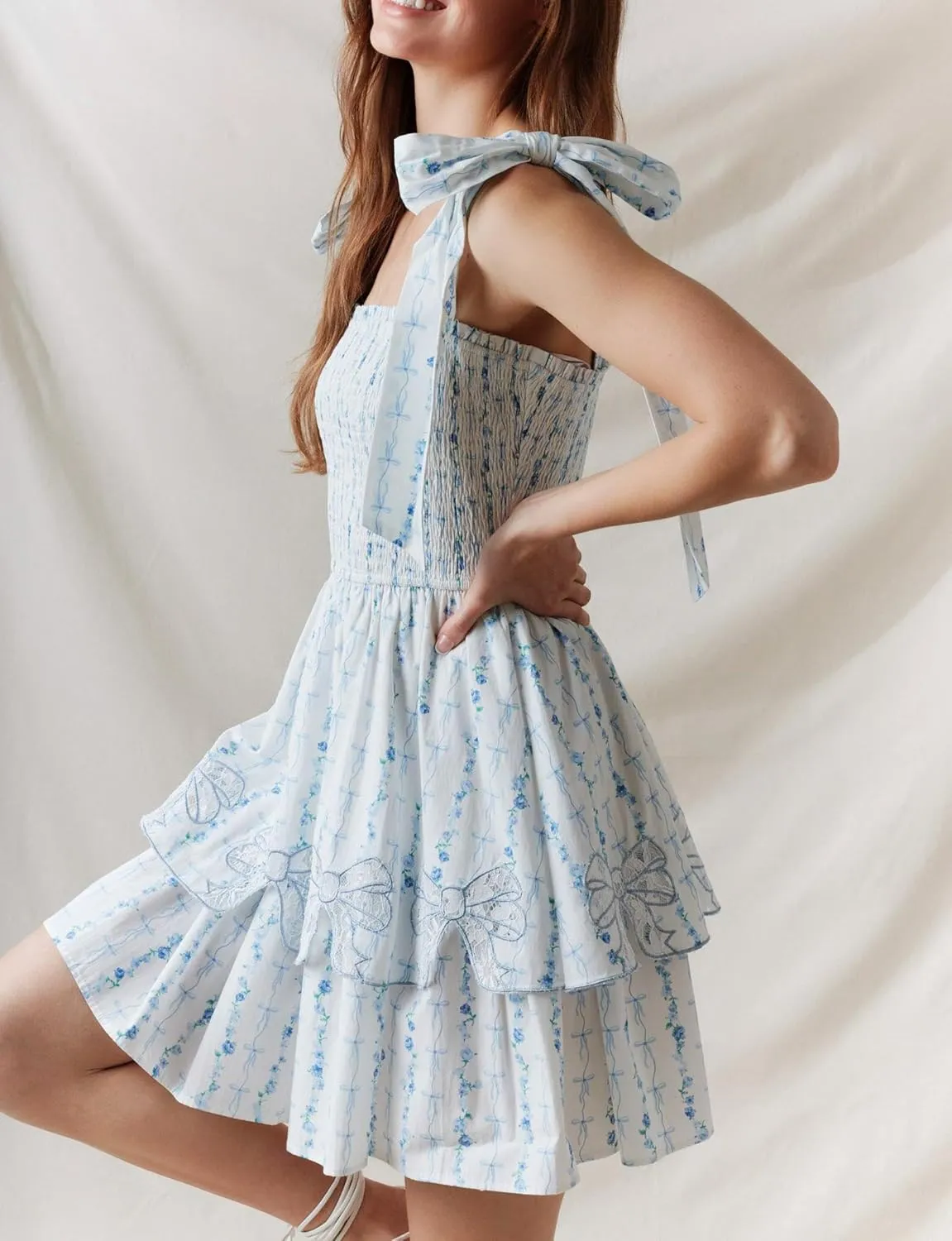 Sastianaen Womens Floral Print Mini Dress Summer Ruffle Smocked Tiered Tie Backless Preppy Smocked Short Dress Picnic Beach