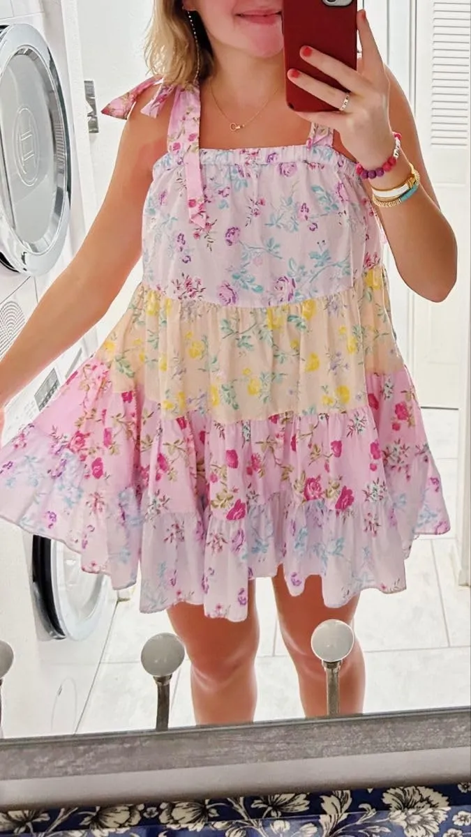 Sastianaen Womens Floral Print Mini Dress Summer Ruffle Smocked Tiered Tie Backless Preppy Smocked Short Dress Picnic Beach