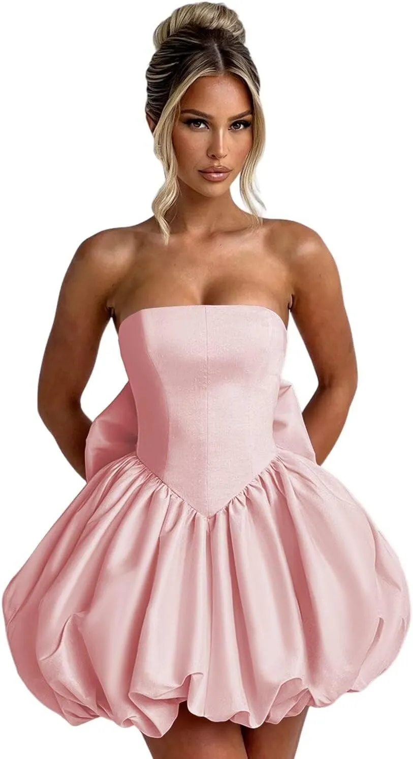 Satin Homecoming Dresses with Bow Strapless Short Graduation Dress A Line Cocktail Party Dress XOD0451