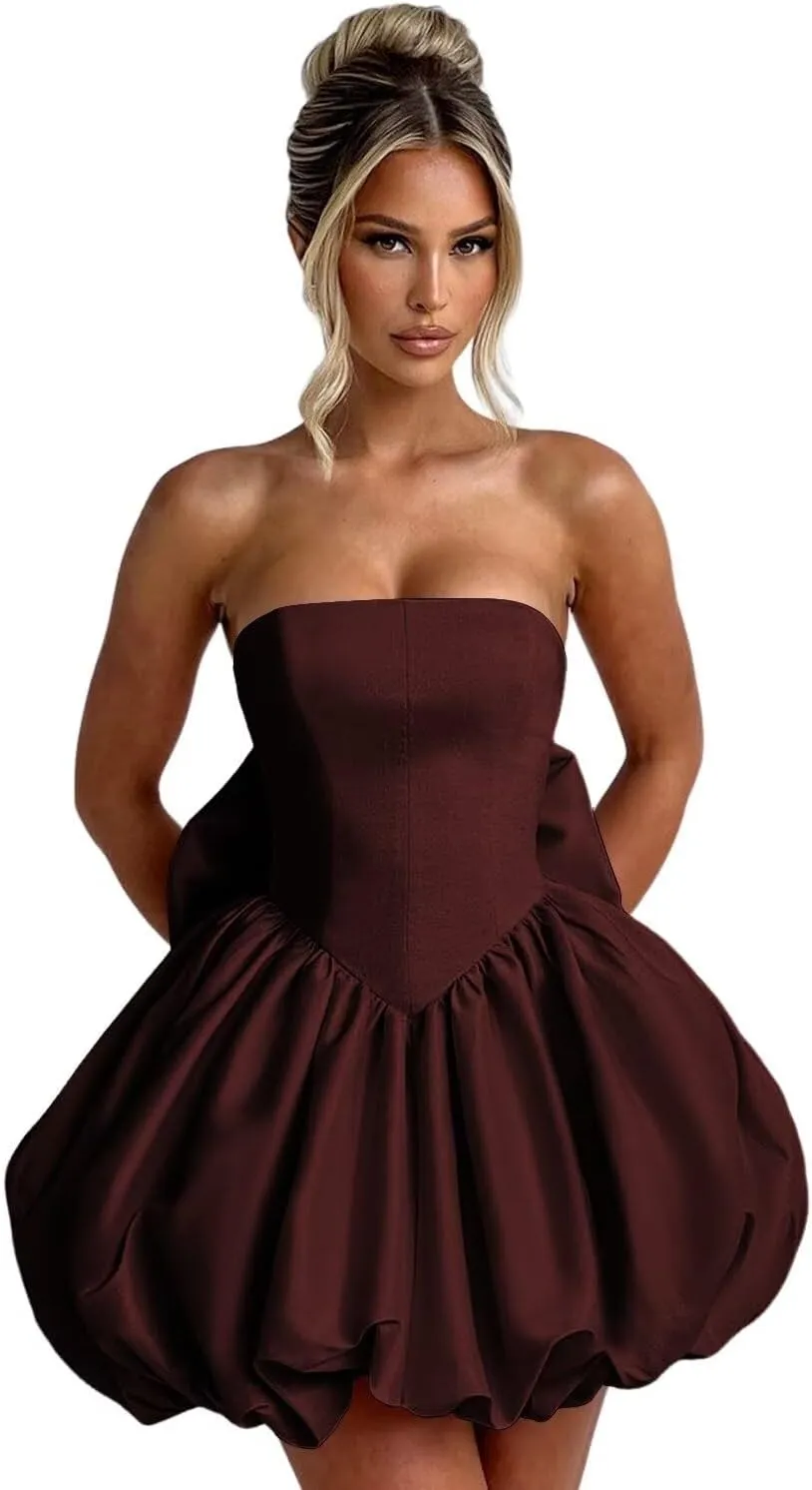 Satin Homecoming Dresses with Bow Strapless Short Graduation Dress A Line Cocktail Party Dress XOD0451