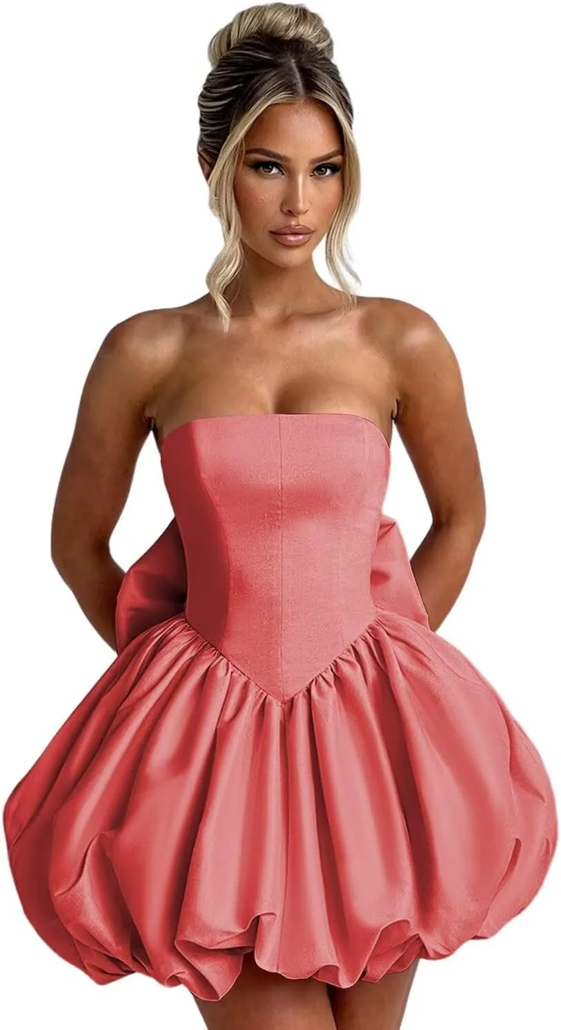 Satin Homecoming Dresses with Bow Strapless Short Graduation Dress A Line Cocktail Party Dress XOD0451