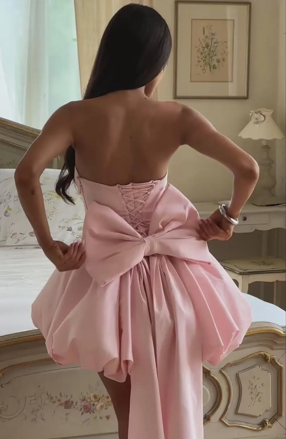 Satin Homecoming Dresses with Bow Strapless Short Graduation Dress A Line Cocktail Party Dress XOD0451