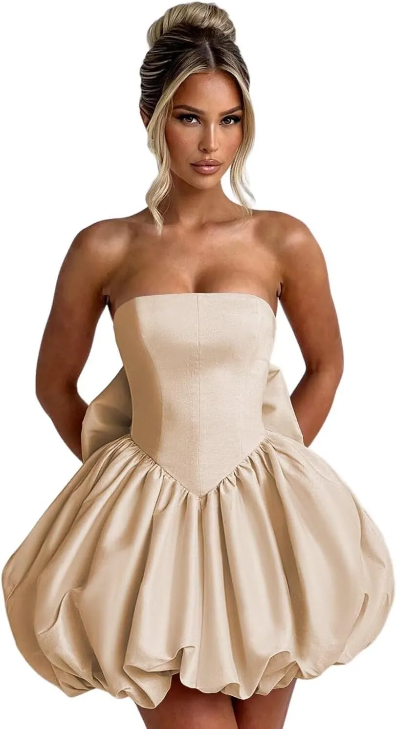 Satin Homecoming Dresses with Bow Strapless Short Graduation Dress A Line Cocktail Party Dress XOD0451