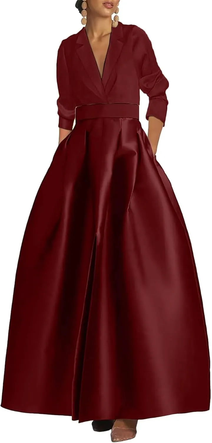 Satin Long Sleeve Prom Dress with Pockets Formal Evening Party Gowns Black Skirt Gown XMD5