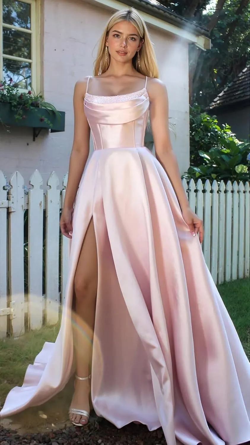 Satin Prom Dresses with Slit 2025 Spaghetti Straps Cowl Neck Formal Dress A Line Ball Gowns with Pockets XOD0465