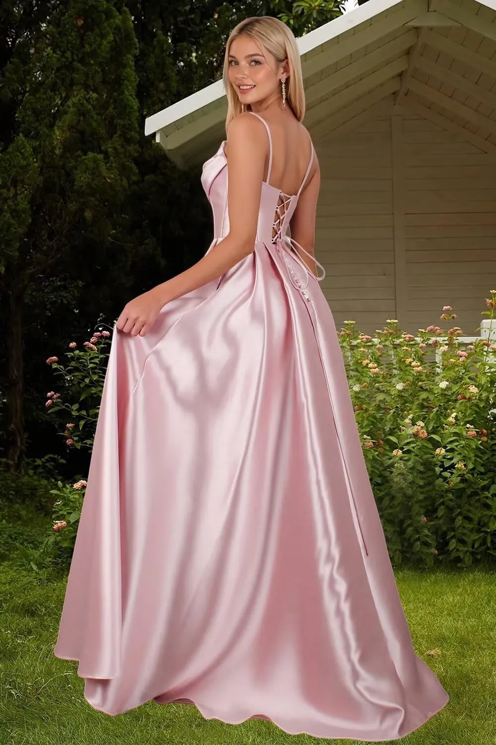 Satin Prom Dresses with Slit 2025 Spaghetti Straps Cowl Neck Formal Dress A Line Ball Gowns with Pockets XOD0465