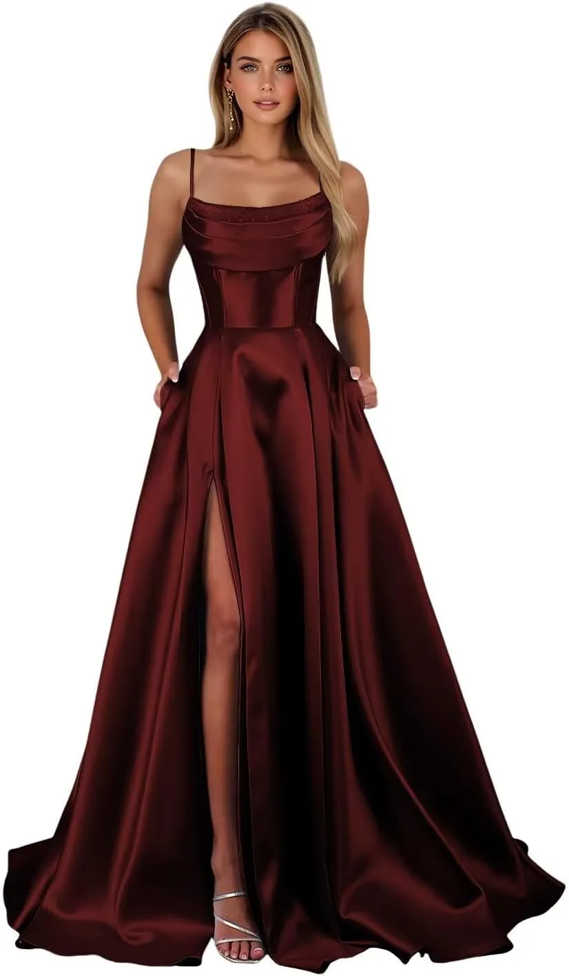 Satin Prom Dresses with Slit 2025 Spaghetti Straps Cowl Neck Formal Dress A Line Ball Gowns with Pockets XOD0465