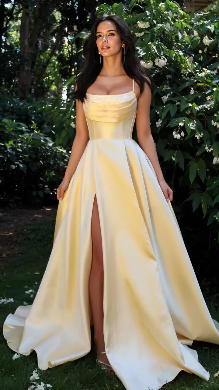 Satin Prom Dresses with Slit 2025 Spaghetti Straps Cowl Neck Formal Dress A Line Ball Gowns with Pockets XOD0465