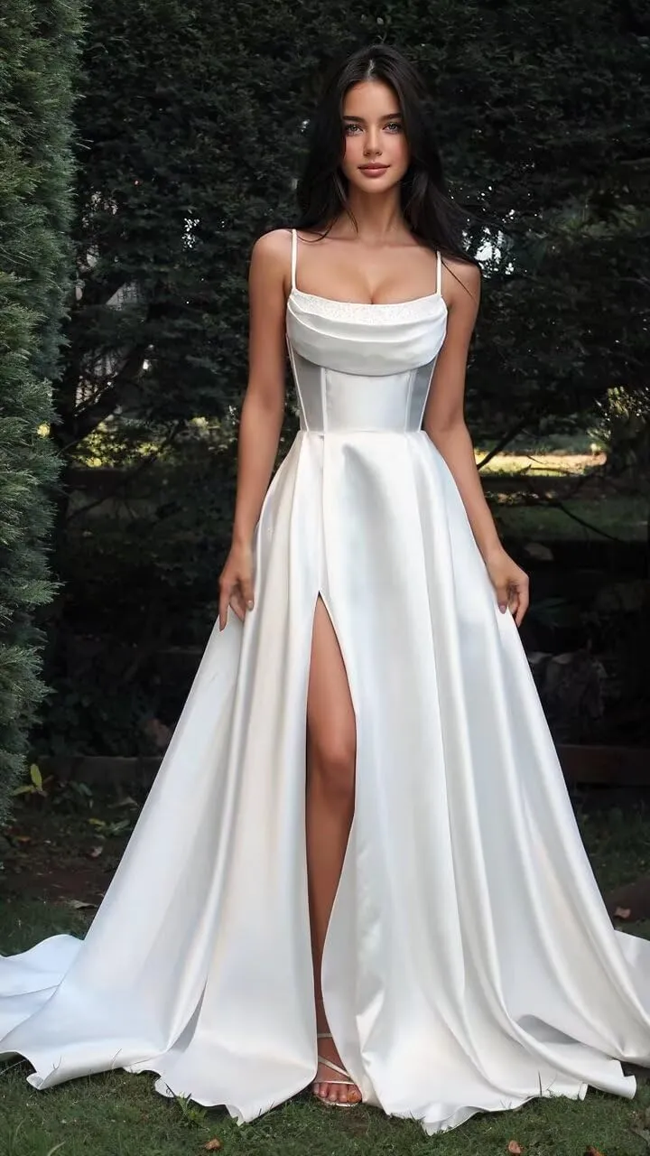 Satin Prom Dresses with Slit 2025 Spaghetti Straps Cowl Neck Formal Dress A Line Ball Gowns with Pockets XOD0465