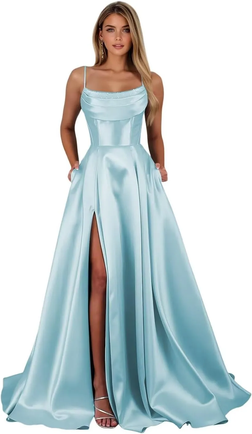 Satin Prom Dresses with Slit 2025 Spaghetti Straps Cowl Neck Formal Dress A Line Ball Gowns with Pockets XOD0465
