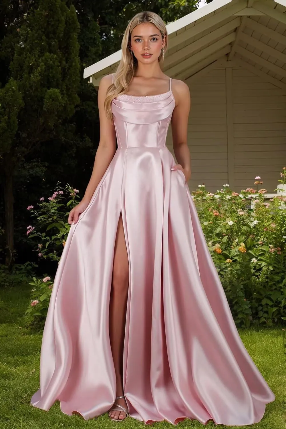Satin Prom Dresses with Slit 2025 Spaghetti Straps Cowl Neck Formal Dress A Line Ball Gowns with Pockets XOD0465