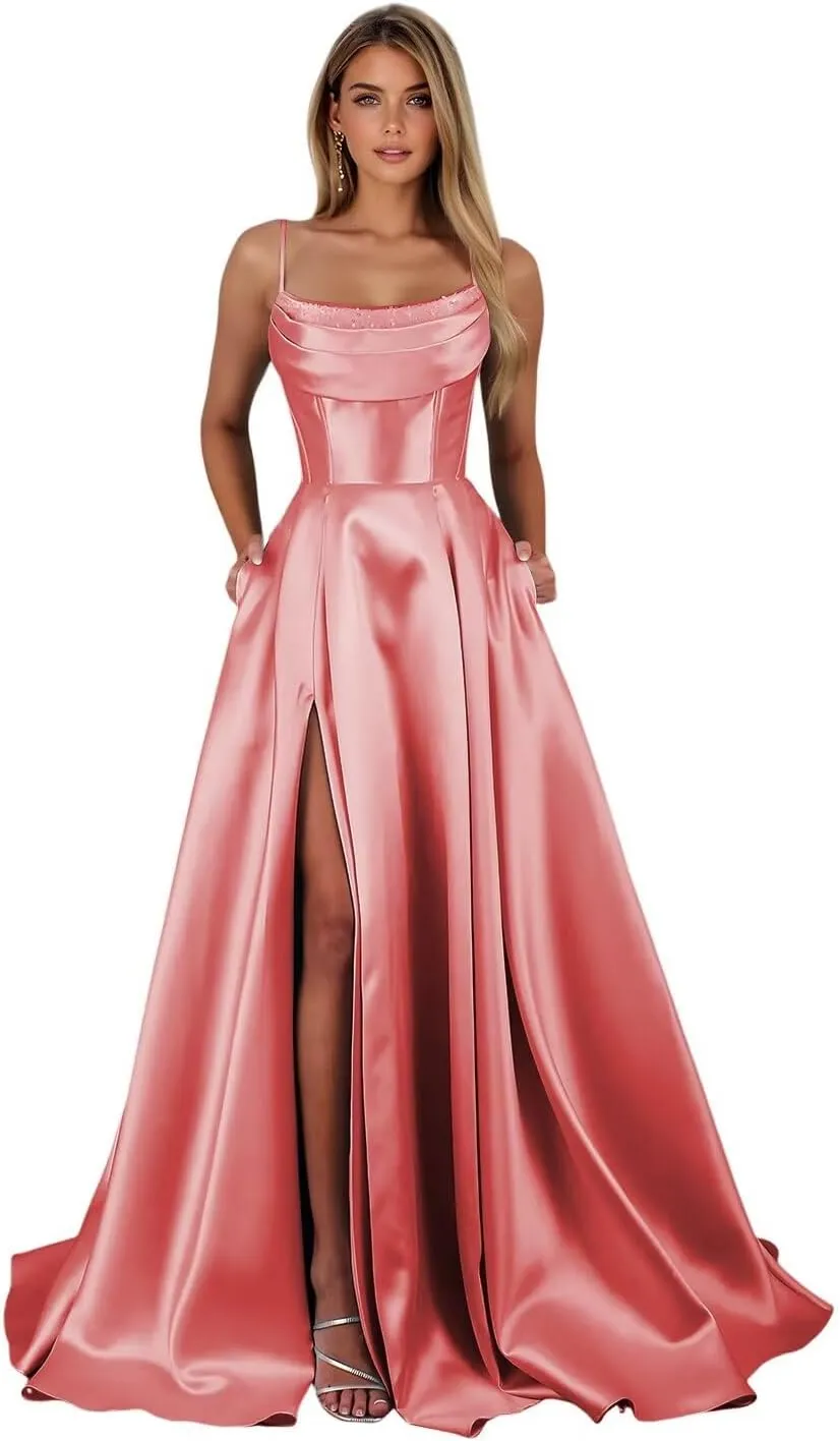 Satin Prom Dresses with Slit 2025 Spaghetti Straps Cowl Neck Formal Dress A Line Ball Gowns with Pockets XOD0465