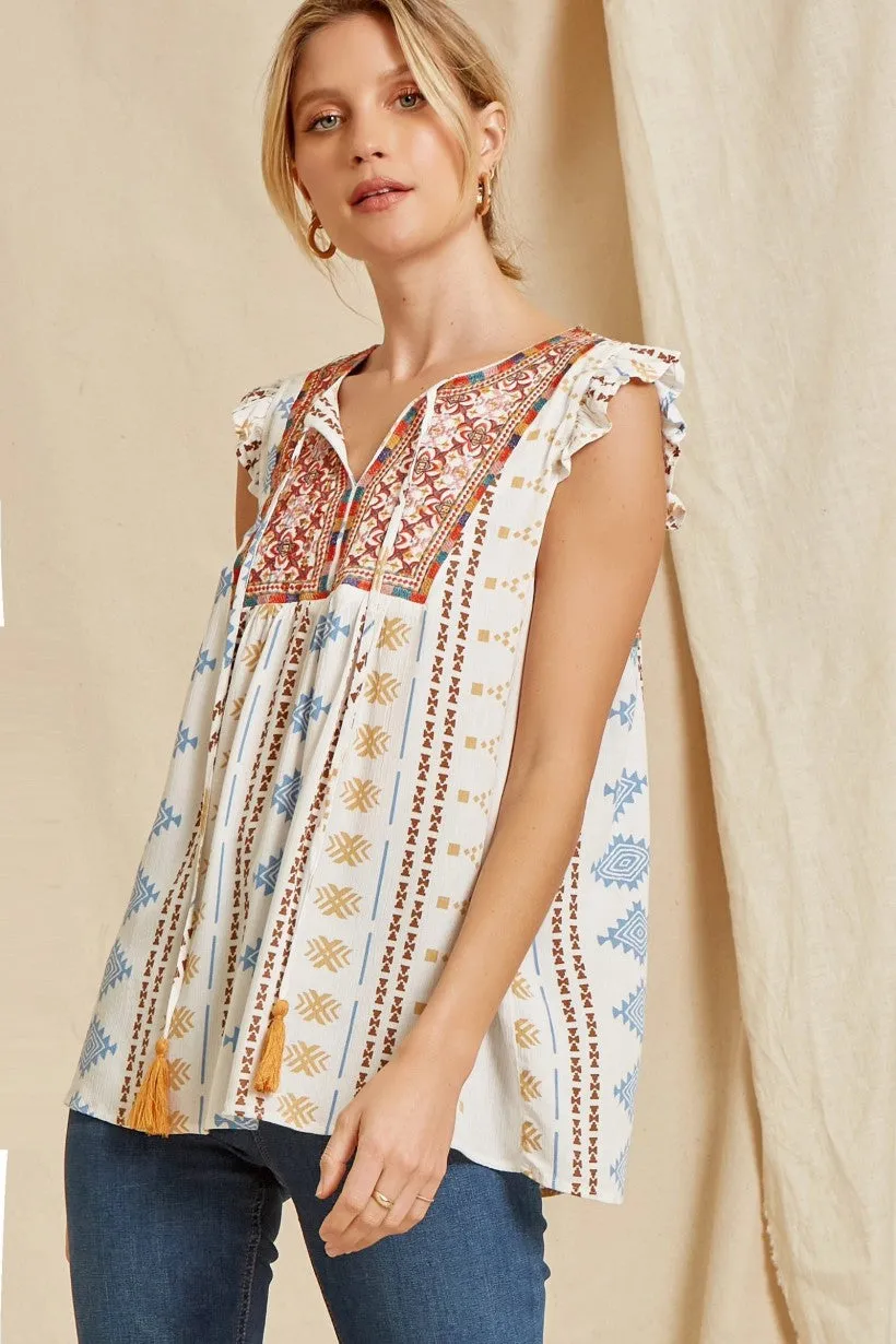 Savanna Jane Aztec Flutter Sleeve Tank With Embroidered Yoke