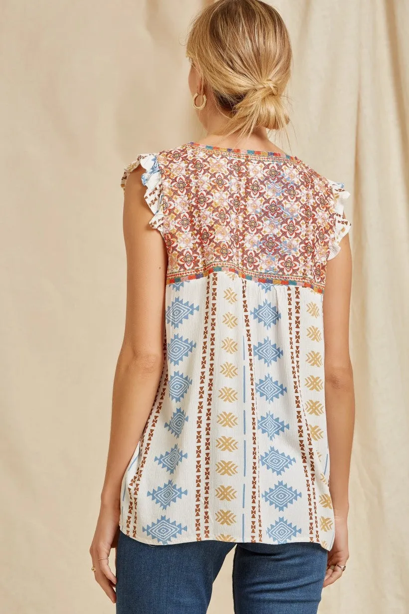 Savanna Jane Aztec Flutter Sleeve Tank With Embroidered Yoke