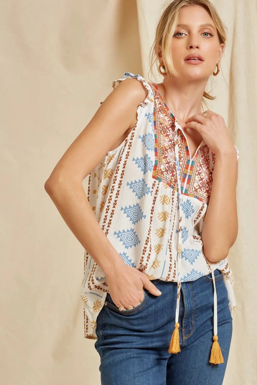 Savanna Jane Aztec Flutter Sleeve Tank With Embroidered Yoke