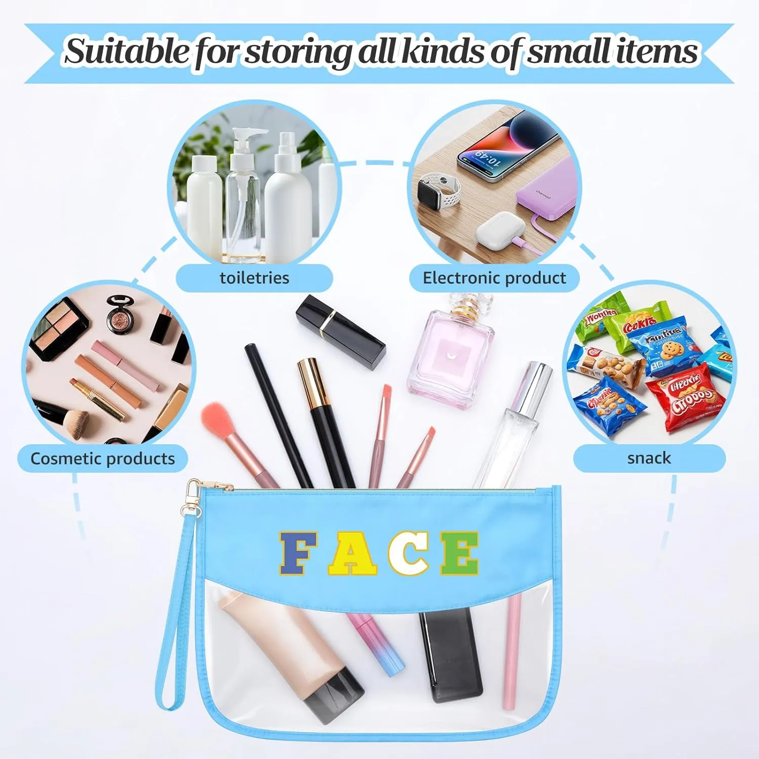 Sazuwu Chenille Letter Makeup Bag with Zipper Preppy Face Accessories for Girls Transparent PVC Cosmetic Travel Bag Organizer Portable Travel Pouches Makeup Toiletry Bag Organizer Storage Pouch