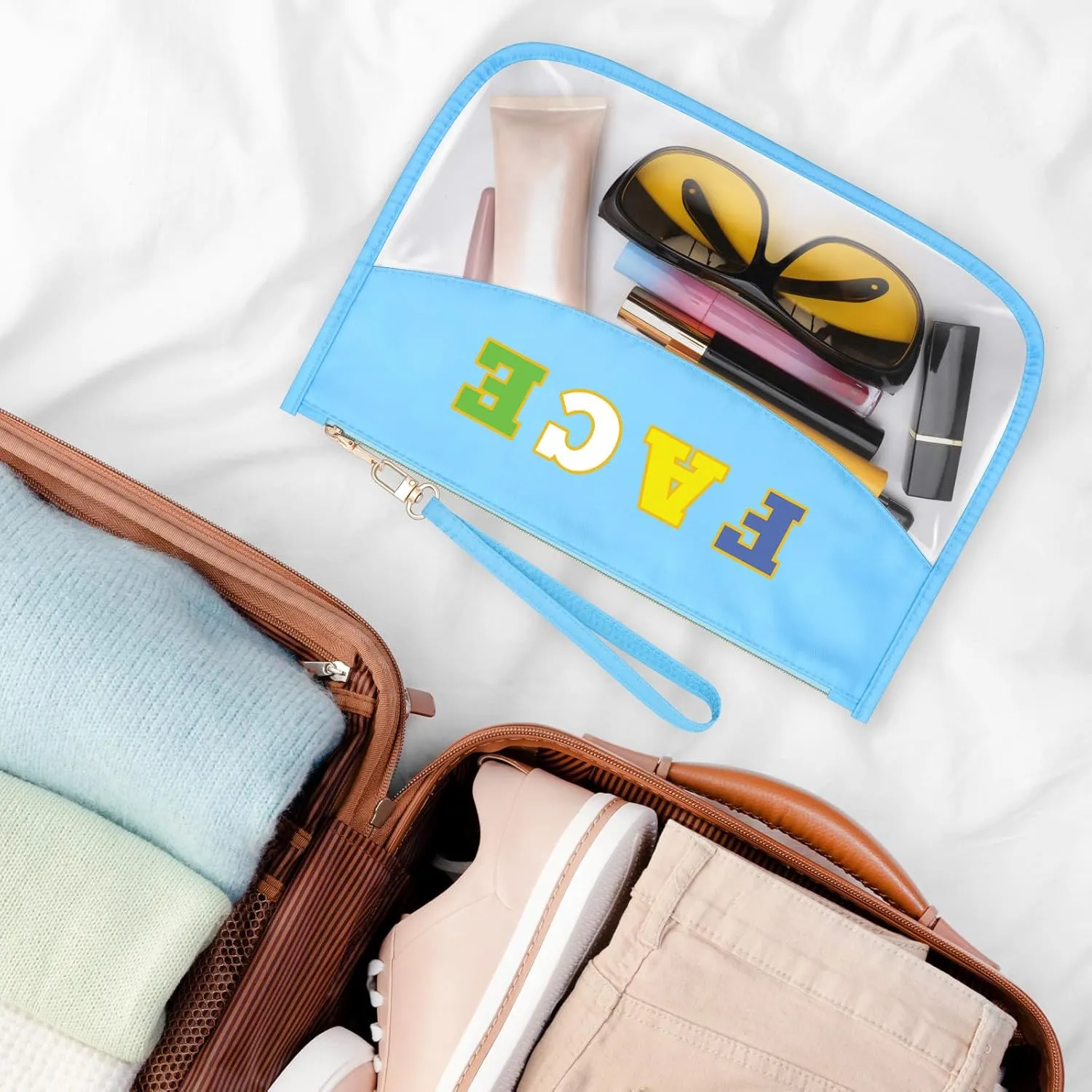 Sazuwu Chenille Letter Makeup Bag with Zipper Preppy Face Accessories for Girls Transparent PVC Cosmetic Travel Bag Organizer Portable Travel Pouches Makeup Toiletry Bag Organizer Storage Pouch