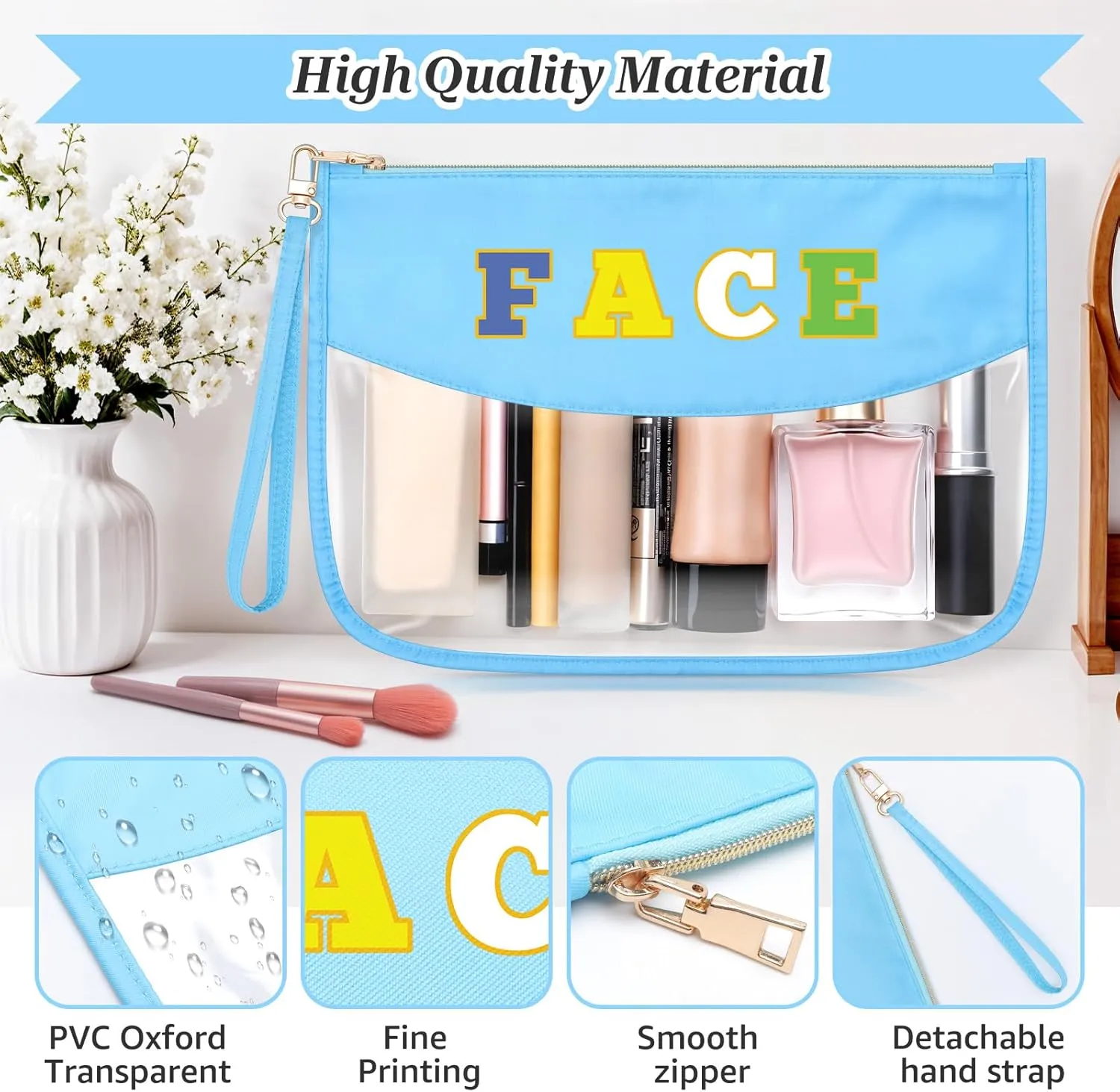 Sazuwu Chenille Letter Makeup Bag with Zipper Preppy Face Accessories for Girls Transparent PVC Cosmetic Travel Bag Organizer Portable Travel Pouches Makeup Toiletry Bag Organizer Storage Pouch