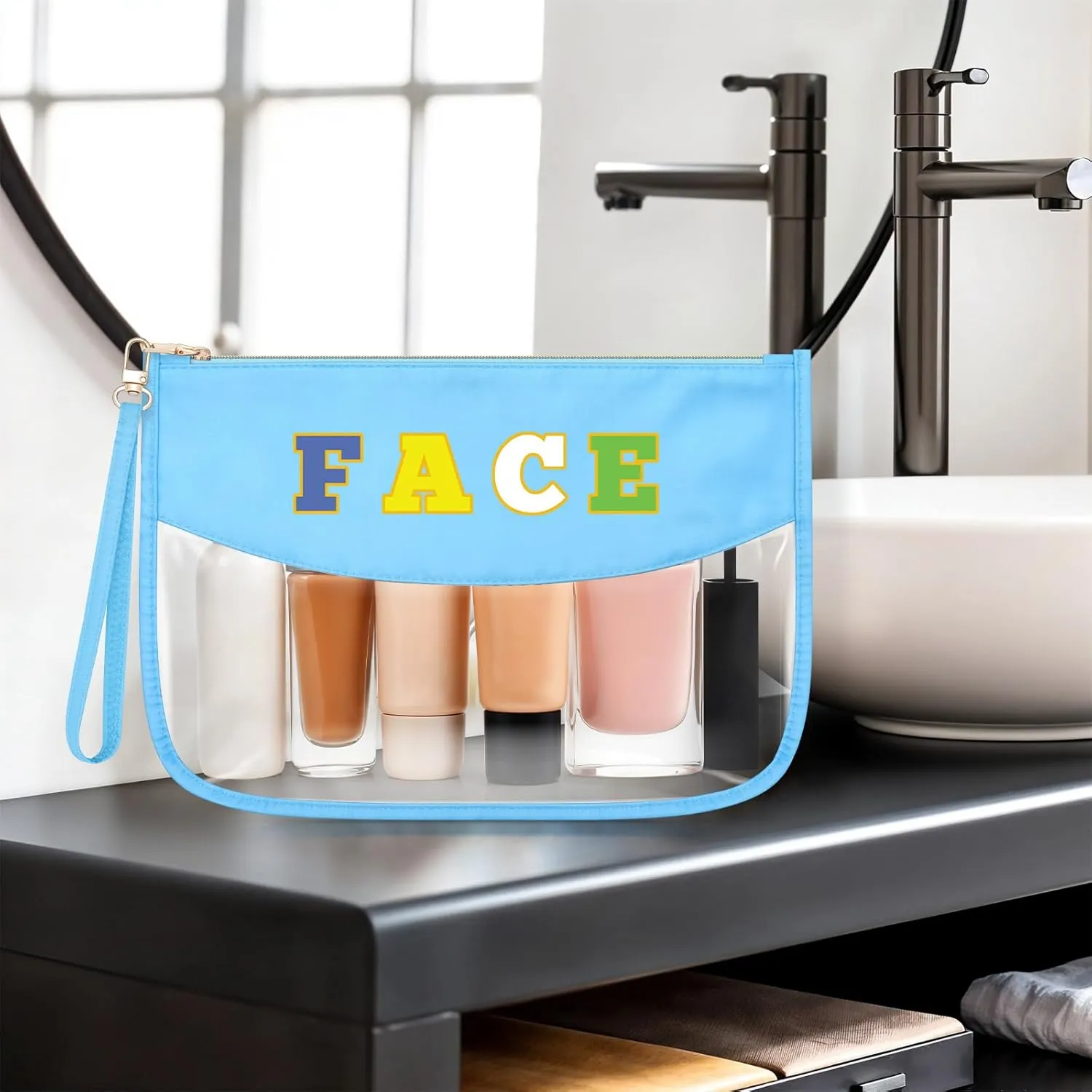 Sazuwu Chenille Letter Makeup Bag with Zipper Preppy Face Accessories for Girls Transparent PVC Cosmetic Travel Bag Organizer Portable Travel Pouches Makeup Toiletry Bag Organizer Storage Pouch