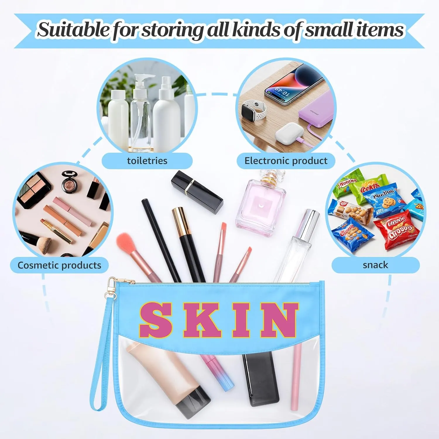 Sazuwu Chenille Letter Makeup Bag with Zipper Preppy Skin Accessories for Girls Transparent PVC Cosmetic Travel Bag Organizer Portable Travel Pouches Makeup Toiletry Bag Organizer Storage Pouch