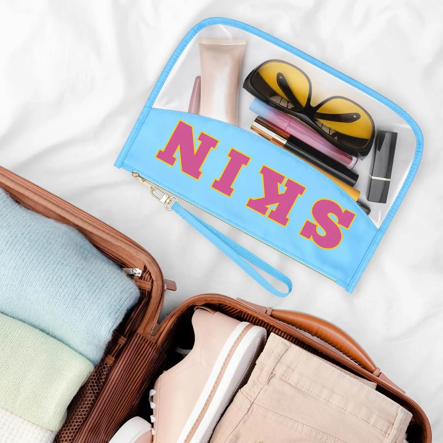 Sazuwu Chenille Letter Makeup Bag with Zipper Preppy Skin Accessories for Girls Transparent PVC Cosmetic Travel Bag Organizer Portable Travel Pouches Makeup Toiletry Bag Organizer Storage Pouch