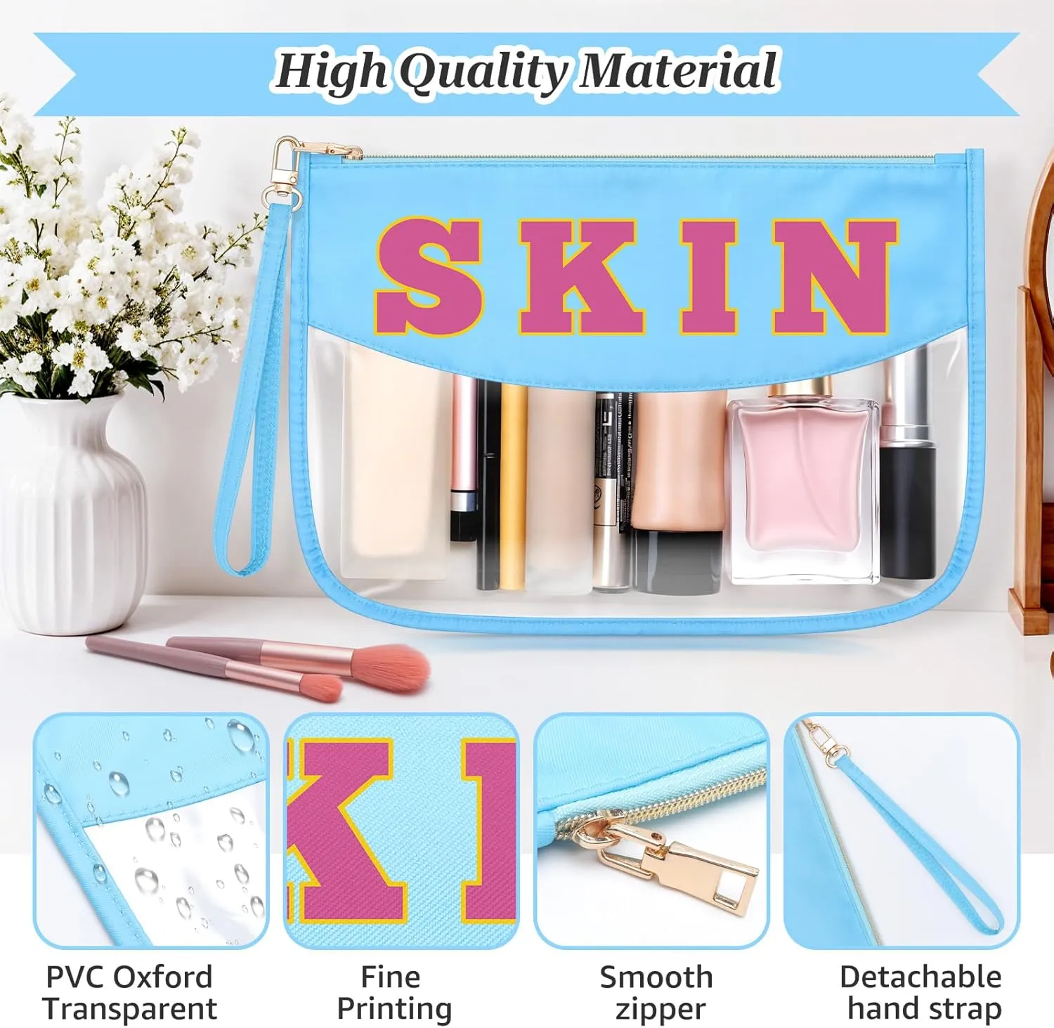 Sazuwu Chenille Letter Makeup Bag with Zipper Preppy Skin Accessories for Girls Transparent PVC Cosmetic Travel Bag Organizer Portable Travel Pouches Makeup Toiletry Bag Organizer Storage Pouch